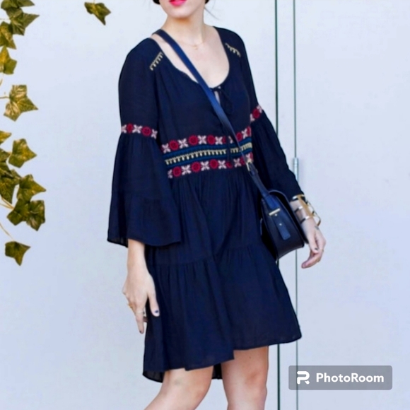 American Eagle Outfitters Size Small Black Embroidered Waist Ruffled Mini Dress - Picture 5 of 12